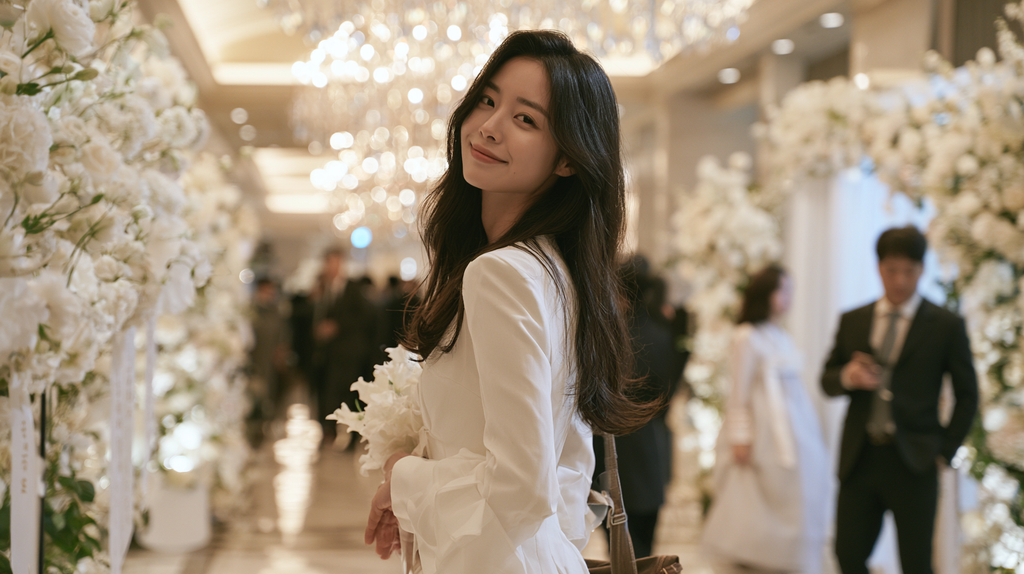 흰색 생화 아치로 장식된 웨딩홀에서 꽃 장식을 바라보는 여성