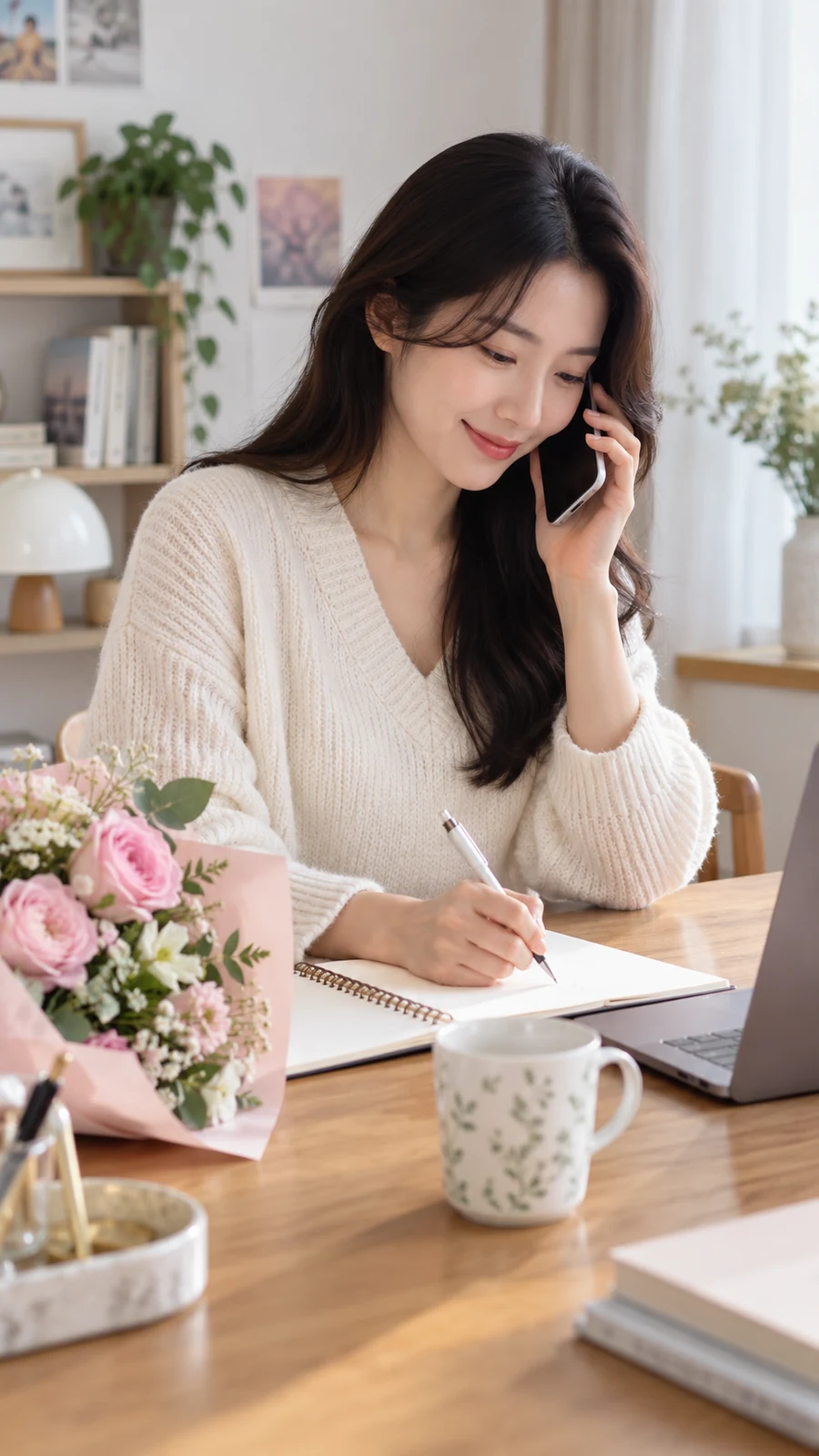 꽃 옆에서 전화로 수령 일정을 확인하는 성인 예시