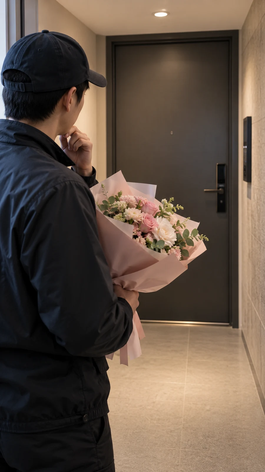 닫힌 현관문 앞에서 꽃을 계속 들고 있는 배송 담당자 예시