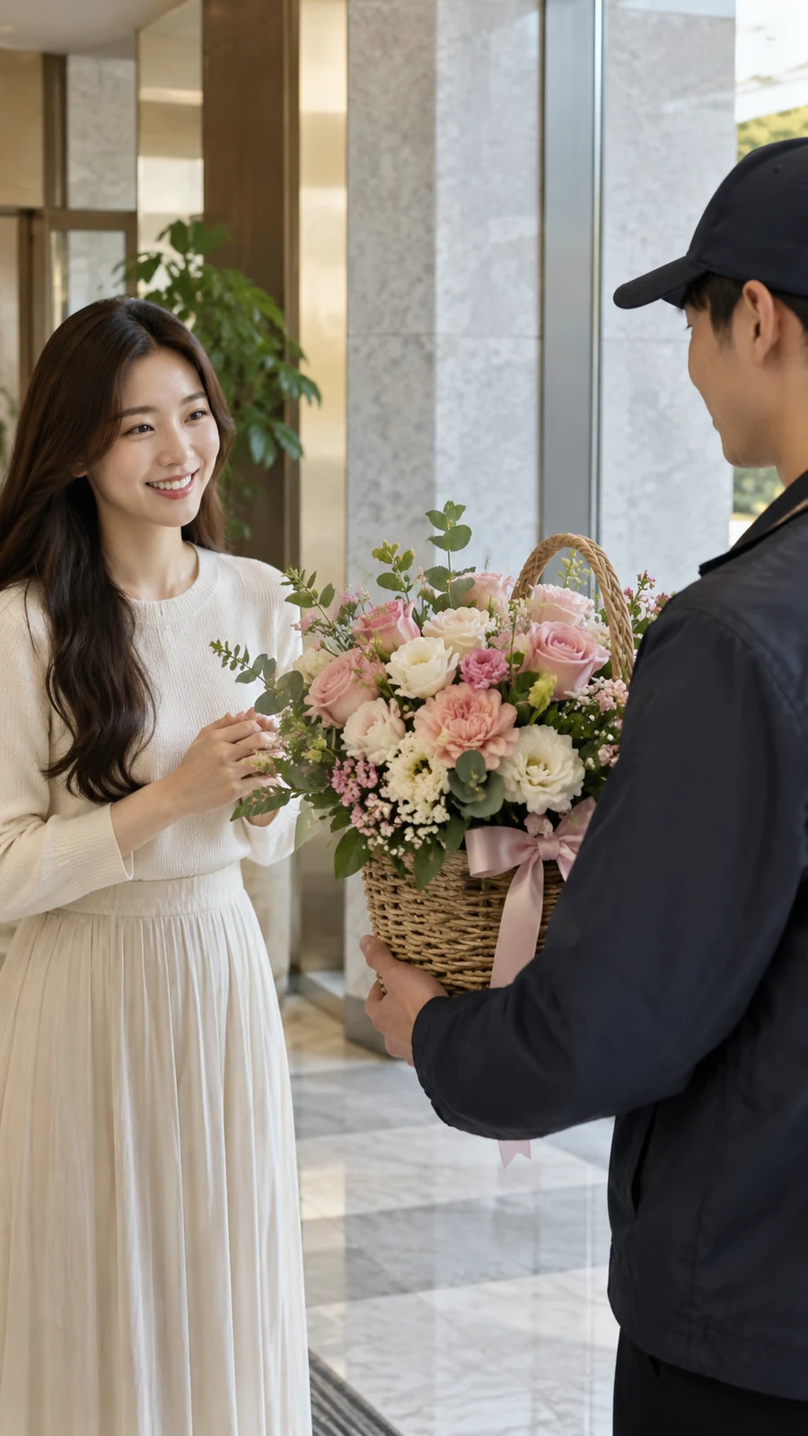 건물 로비에서 꽃바구니를 전달하는 장면 예시