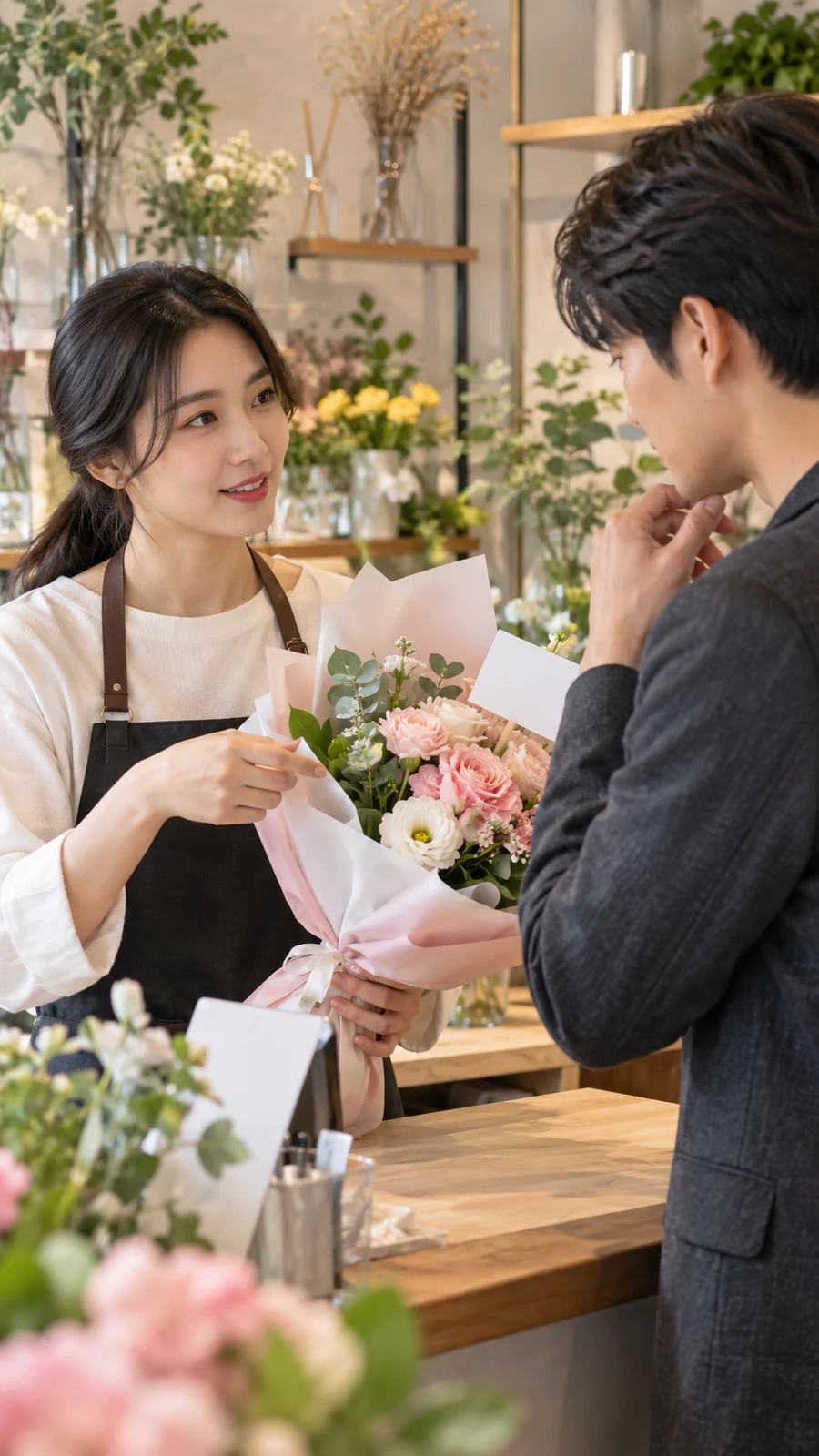 꽃집에서 전달 방법을 상담하는 두 성인 예시