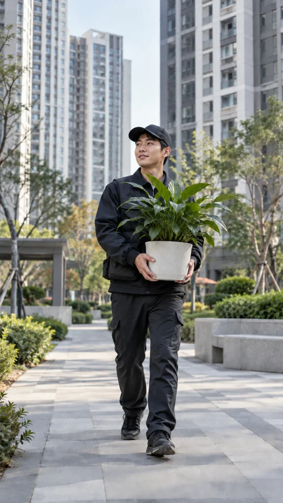 화분을 들고 보행로를 걷는 사람