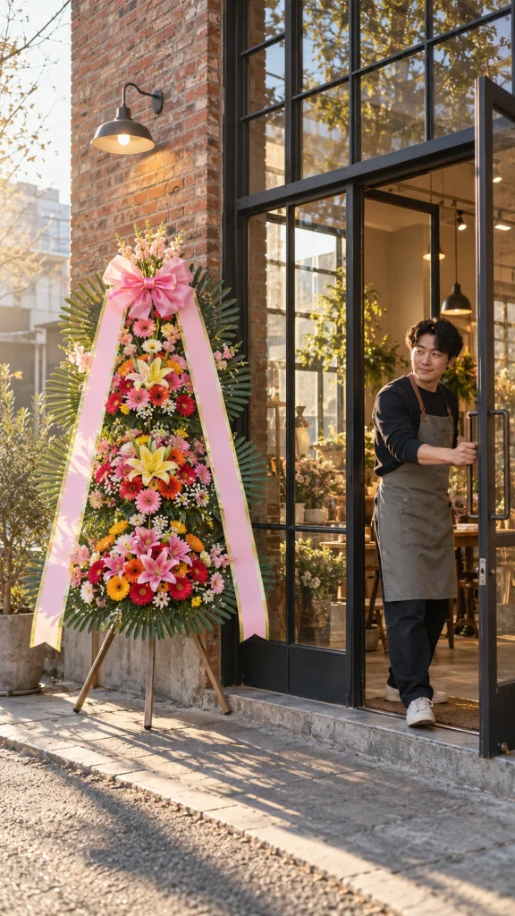 매장 입구에 세워진 축하화환