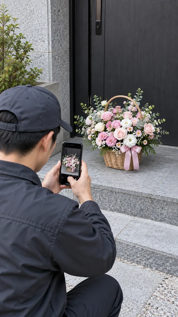 입구의 분홍 꽃 장식을 촬영하는 사람
