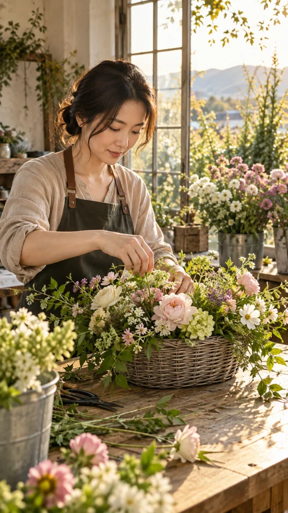 야외 작업대에서 꽃바구니를 만드는 사람
