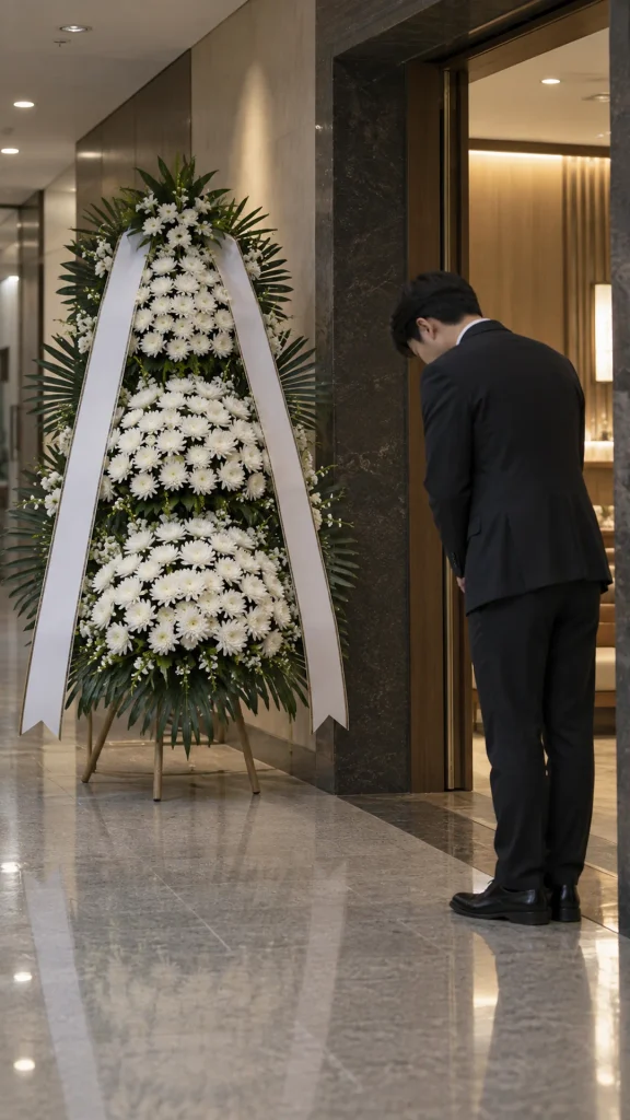 복도 입구에 세워진 흰 근조화환