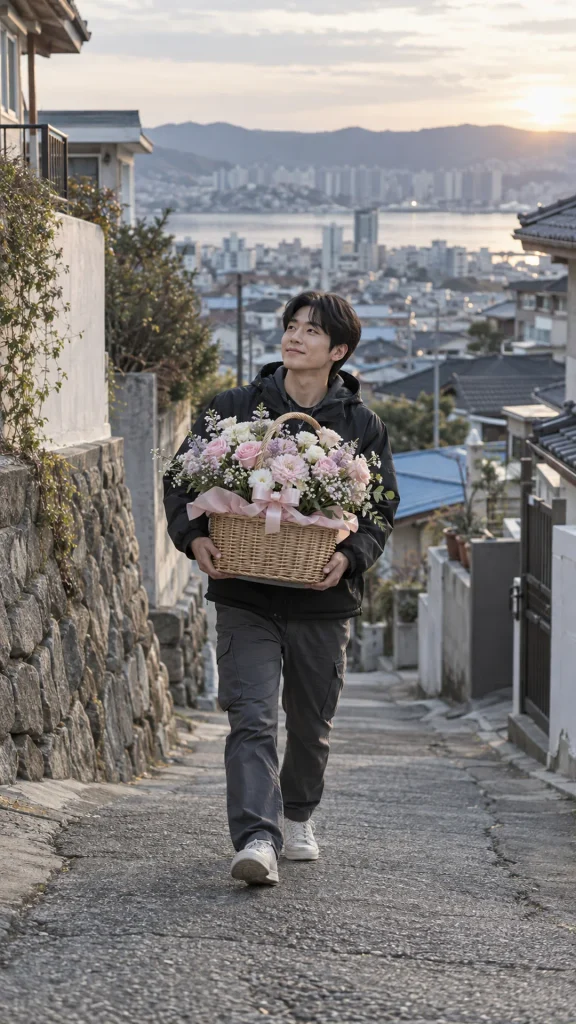 야외 계단에서 꽃바구니를 들고 이동하는 사람