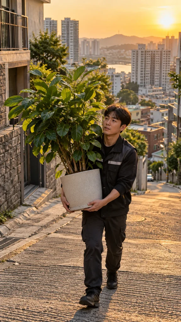 큰 화분을 들고 보행로를 걷는 사람