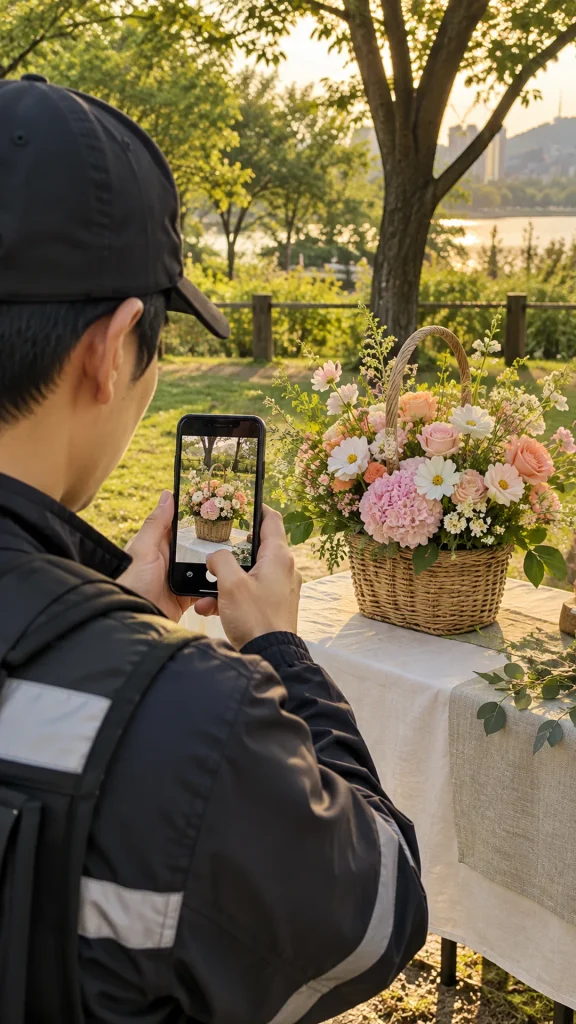 야외 꽃 장식을 휴대전화로 촬영하는 사람