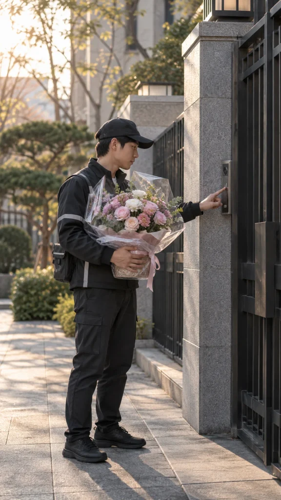 꽃바구니를 들고 건물 입구로 이동하는 사람
